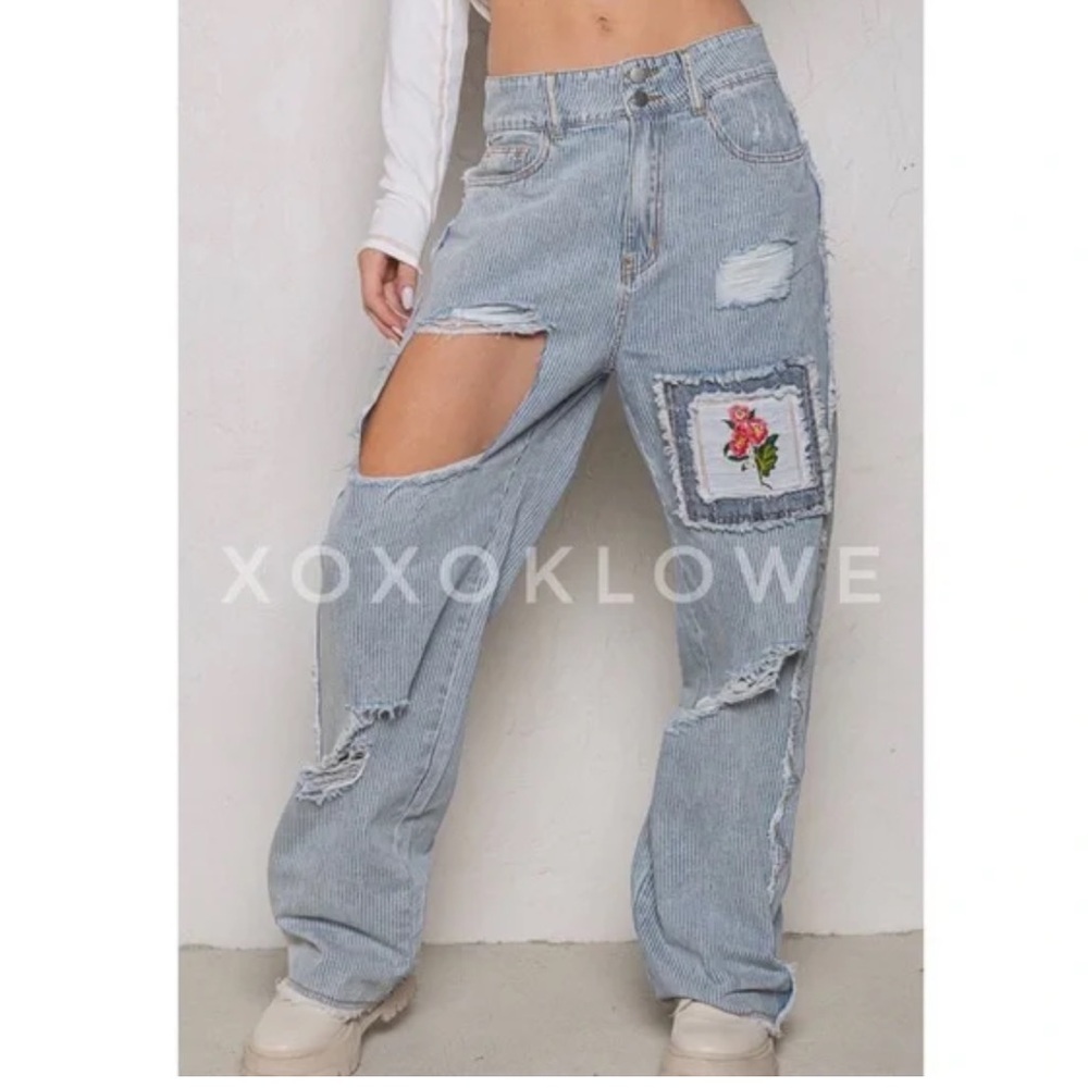 POL Retro 90s Distressed Grunge Pin Striped Patchwork Floral Jeans Relaxed Fit